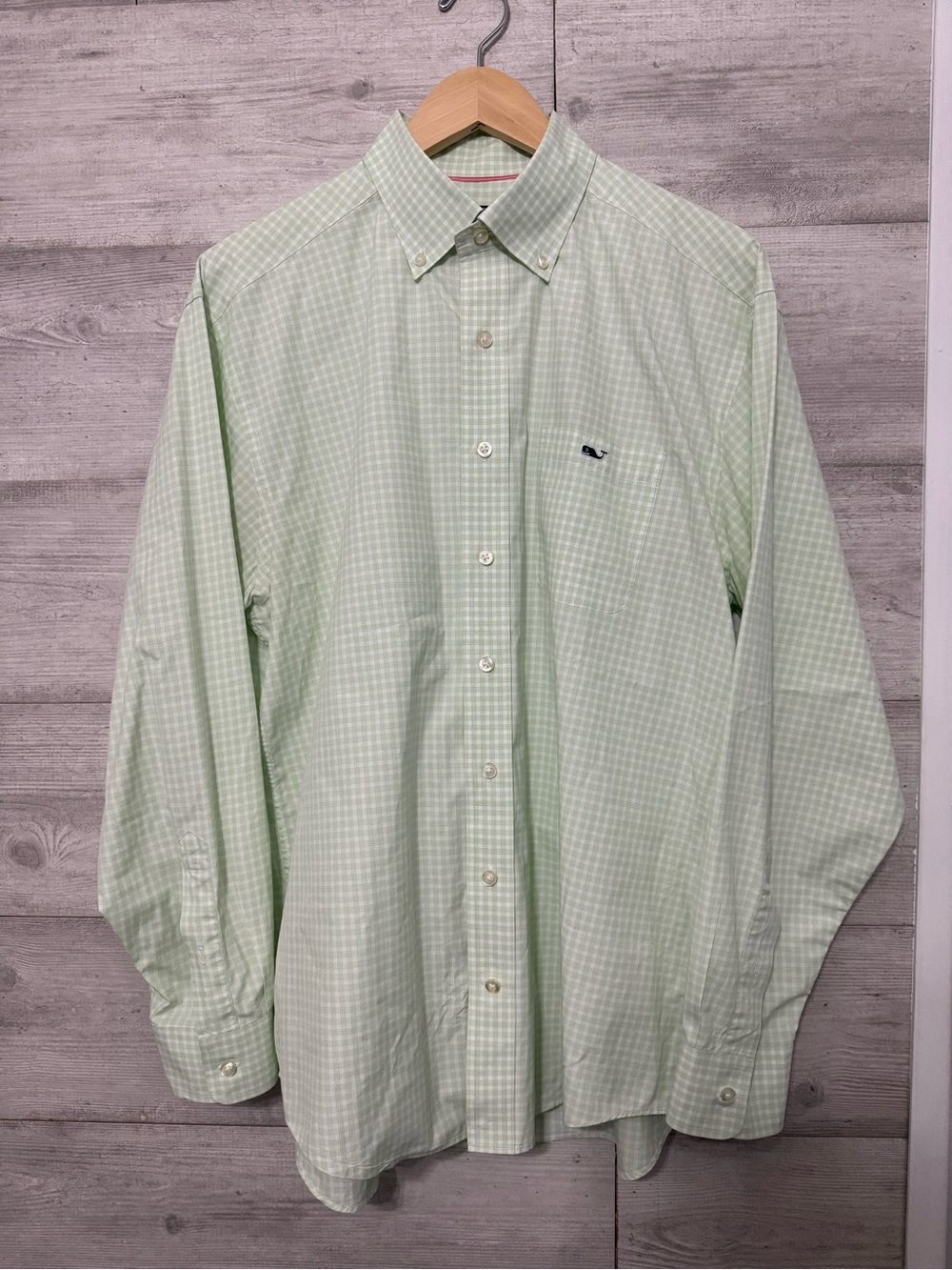 VINEYARD VINES Gingham Check Classic Fit "Tucker Shirt" Cotton Large Green/White